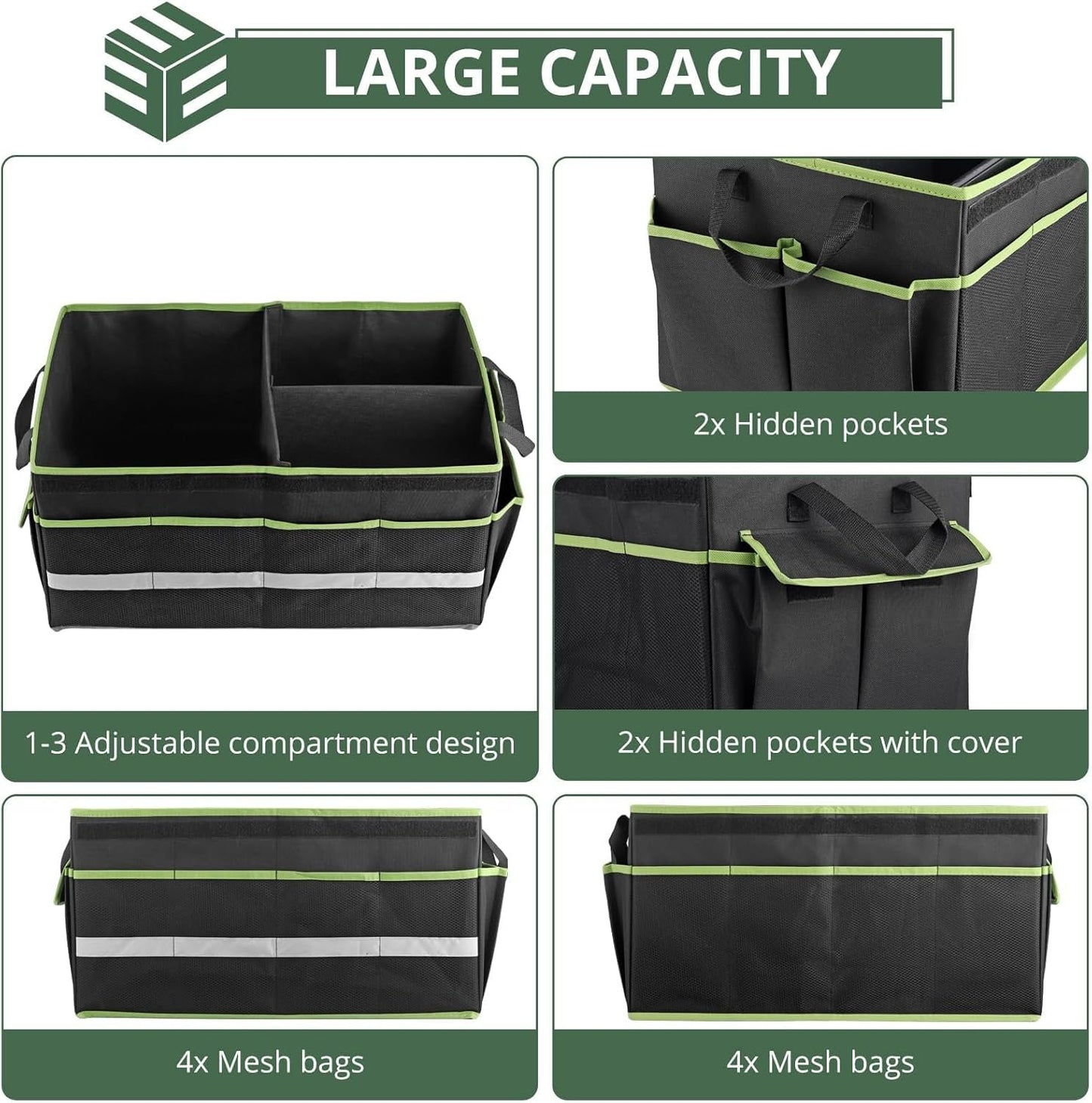 EYPINS Car Trunk Organizer Waterproof - 55x32.5x28 cm Collapsible Multi-Compartment Car Organizers with Lid, Dual Carry Handles Trunk Storage Box with 12 Pockets for SUV Truck Sedan Backseat