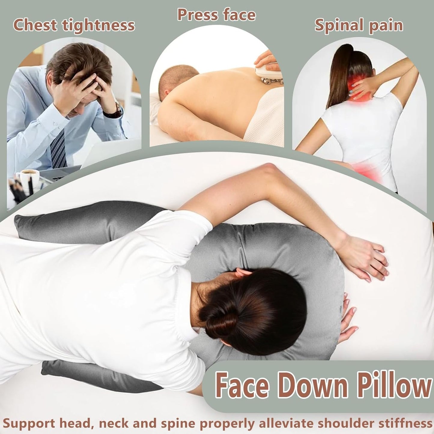 BBTEQEKN Face Down Pillow for Sleeping, Foam Pillow After Surgery, Massage Pillow Face Down After Eye Surgery, Ergonomic Pillow for Neck Pain Relief, Grey