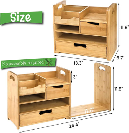 ZOOFOX Bamboo Desk Organizer with Adjustable File Holder, Mail Organizer Countertop with Drawer, 4-Tier Desktop Organization and Desk Accessories for Home Office School Supplies, No Assembly Required