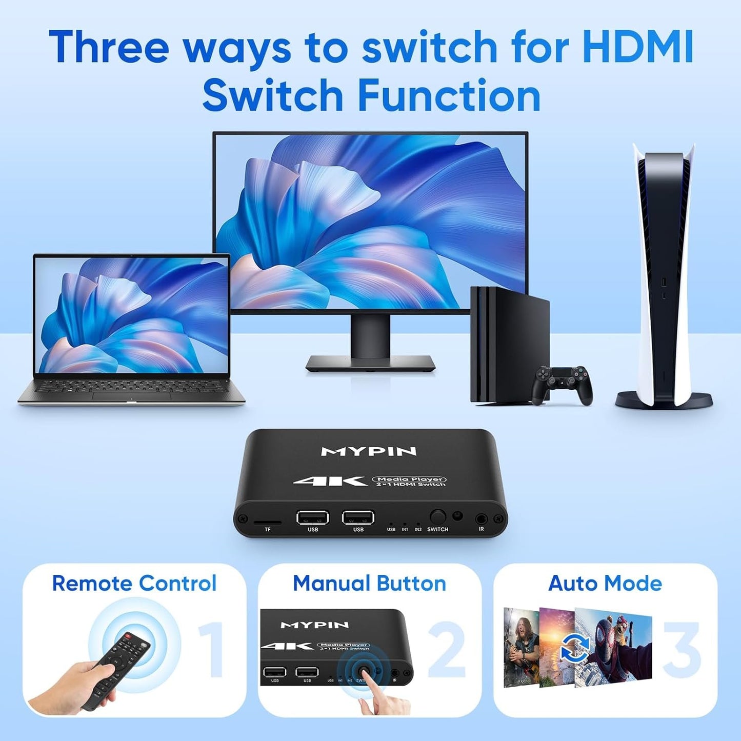 4K@30 Media Player with 2 in 1 Out HDMI Switch Function, 2 Port HDMI Switcher Splitter, Automatic Switch with Remote, Medie Player Supports Image, Music, Video Playback