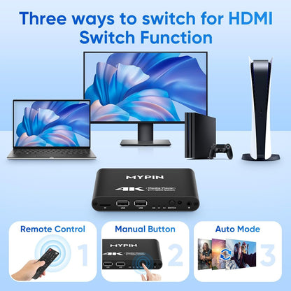 4K@30 Media Player with 2 in 1 Out HDMI Switch Function, 2 Port HDMI Switcher Splitter, Automatic Switch with Remote, Medie Player Supports Image, Music, Video Playback