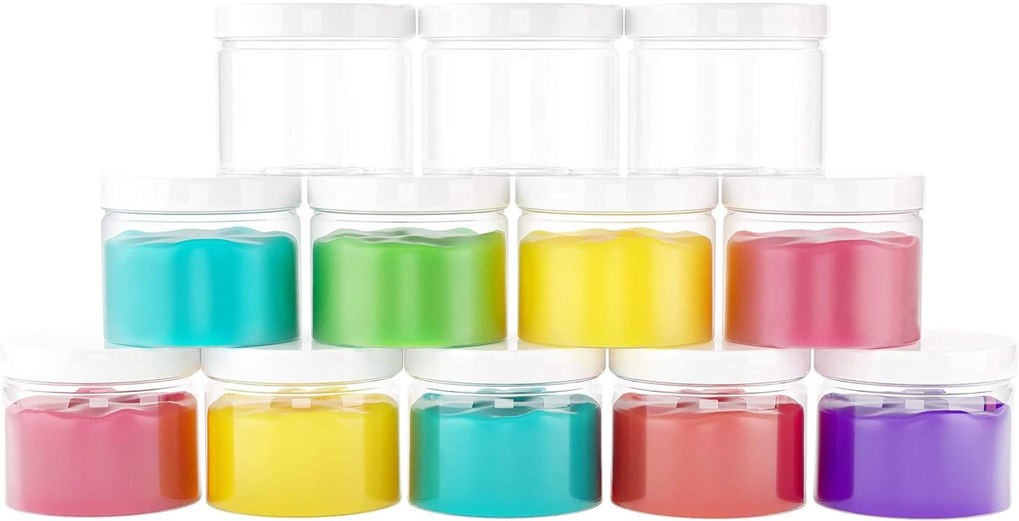 Healthy Packers Slime Containers with Water-tight Lids (8 oz, 12 Pack) - Clear Plastic Food Storage Jars with Individual Labels- Great for your slime kit - BPA Free