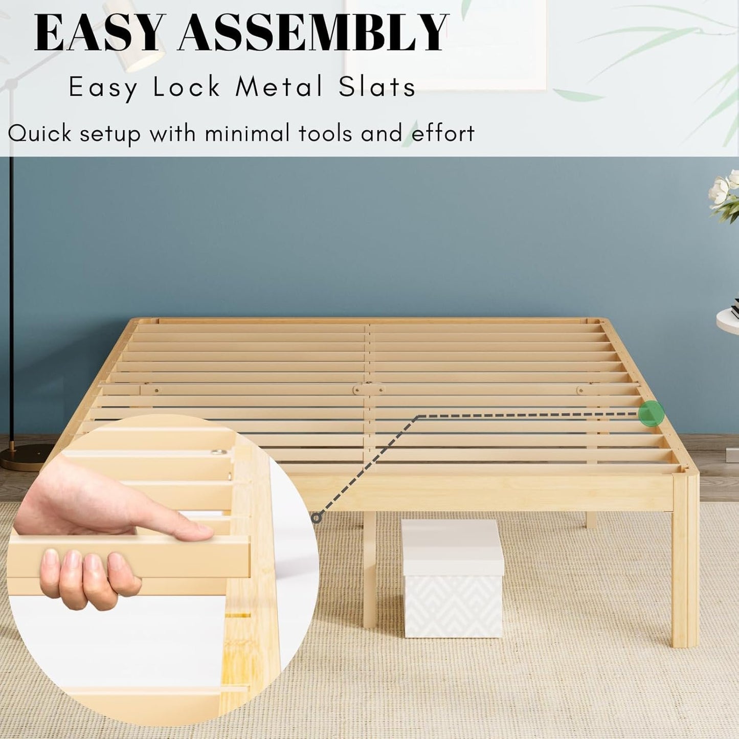 LAKKURI 18 Inch High Bamboo Wood King Size Bed Frame Platform, Steel Slat Support King Bed Frame, Sturdy, No Box Spring Needed, Easy Assembly, Noise Free