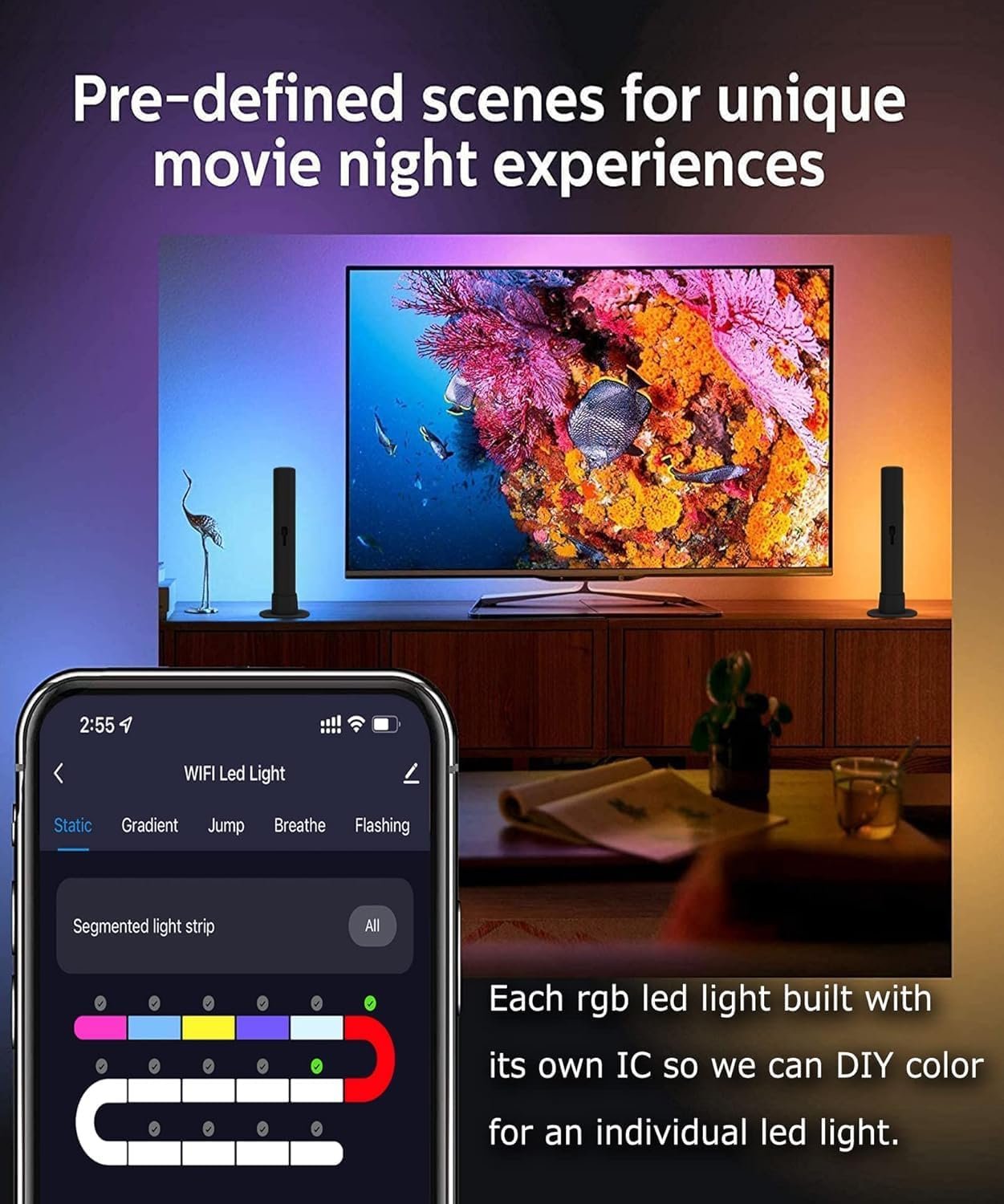 Smart LED Light Bars, 2 Pack 24cm RGBICWW WiFi Gaming Lights Ambient Lighting, TV Backlight Compatible with Alexa and Google Assistant