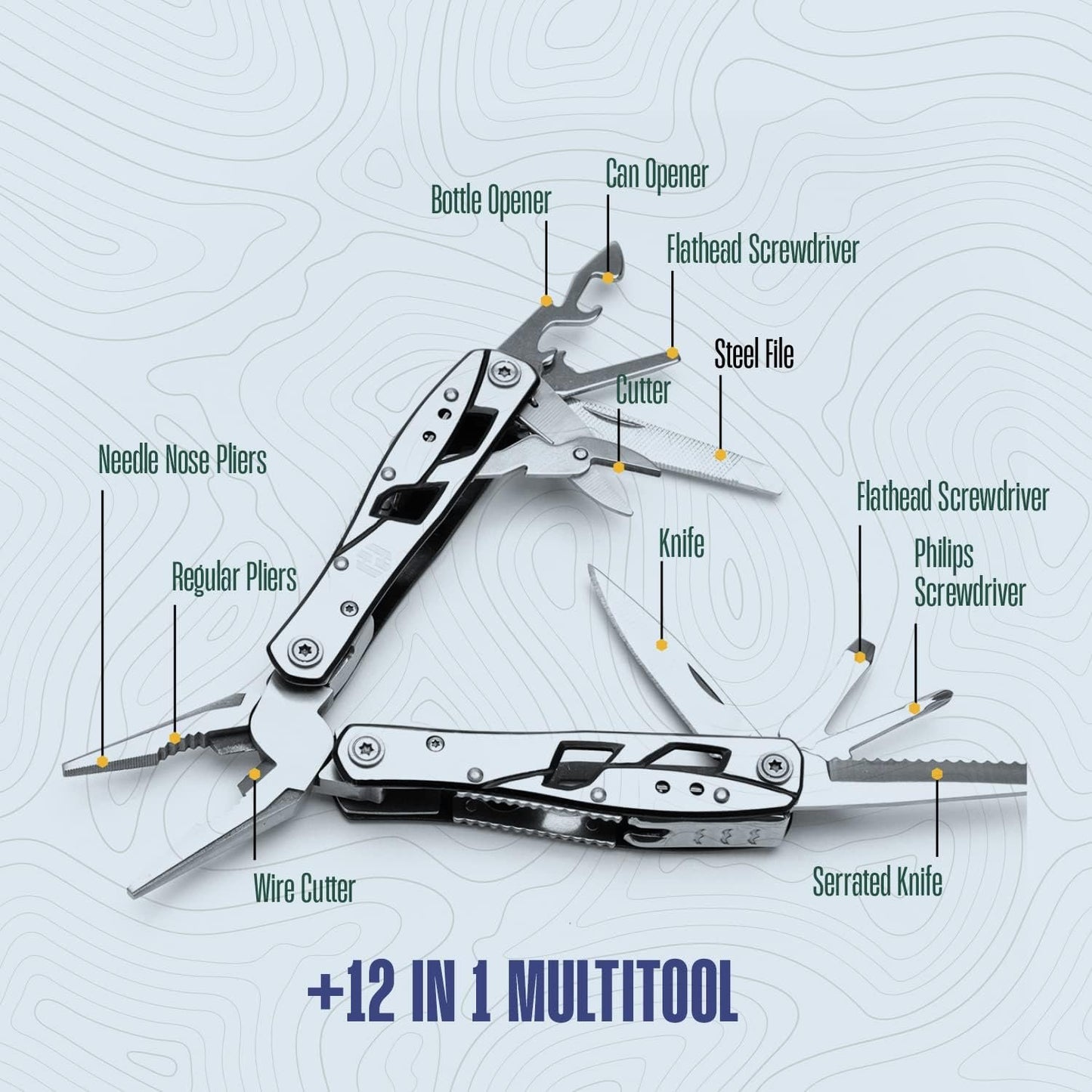 Multitool Plier - 12 In 1 Stainless Steel Pocket Multi Tool With Durable Sheath For Camping, Survival Gear Safety Locking Camping Accessories Cutter, Bottle Opener, Screwdriver by Hayvenhurst pm-01