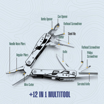 Multitool Plier - 12 In 1 Stainless Steel Pocket Multi Tool With Durable Sheath For Camping, Survival Gear Safety Locking Camping Accessories Cutter, Bottle Opener, Screwdriver by Hayvenhurst pm-01