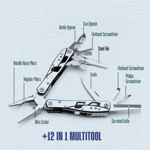 Multitool Plier - 12 In 1 Stainless Steel Pocket Multi Tool With Durable Sheath For Camping, Survival Gear Safety Locking Camping Accessories Cutter, Bottle Opener, Screwdriver by Hayvenhurst pm-01