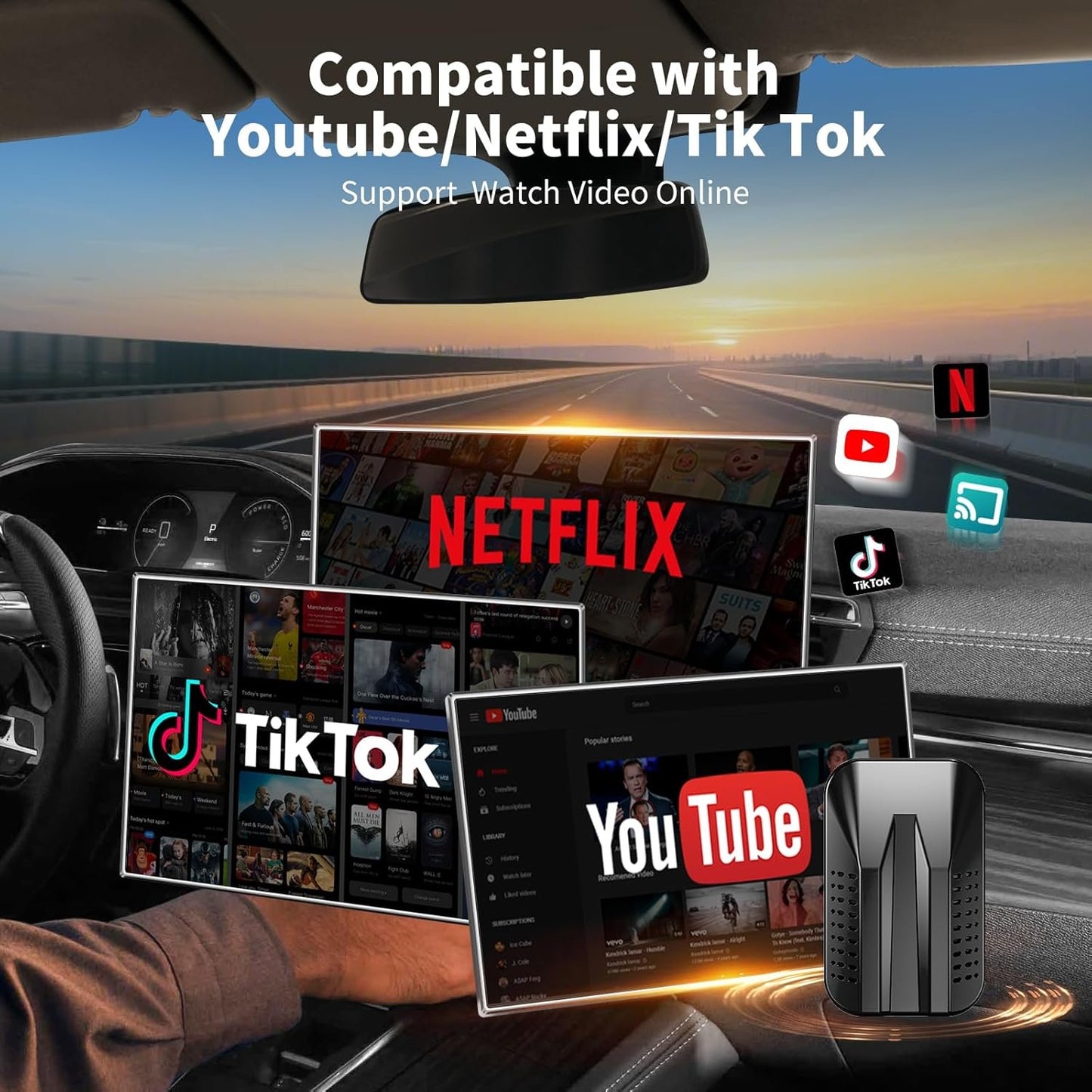 4-in-1 Wireless CarPlay & Android Auto Adapter,Supports Netflix/YouTube/TIK Tok/Screen Mirror Link/TF Card,Carplay Ai Box,Plug & Play, Easy Setup,Suitable for Cars Equipped with OEM Wired CarPlay