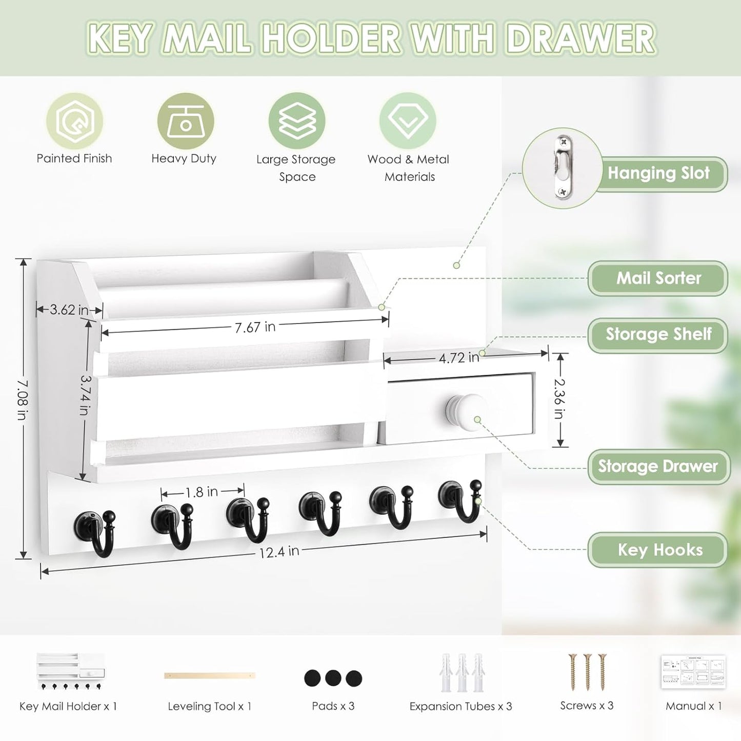 VIS'V Key Holder Wall Mount, Wooden Mail and Key Organizer with Drawer and Shelf, 2 Slots, 6 Hooks, White