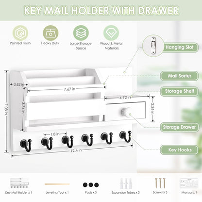 VIS'V Key Holder Wall Mount, Wooden Mail and Key Organizer with Drawer and Shelf, 2 Slots, 6 Hooks, White