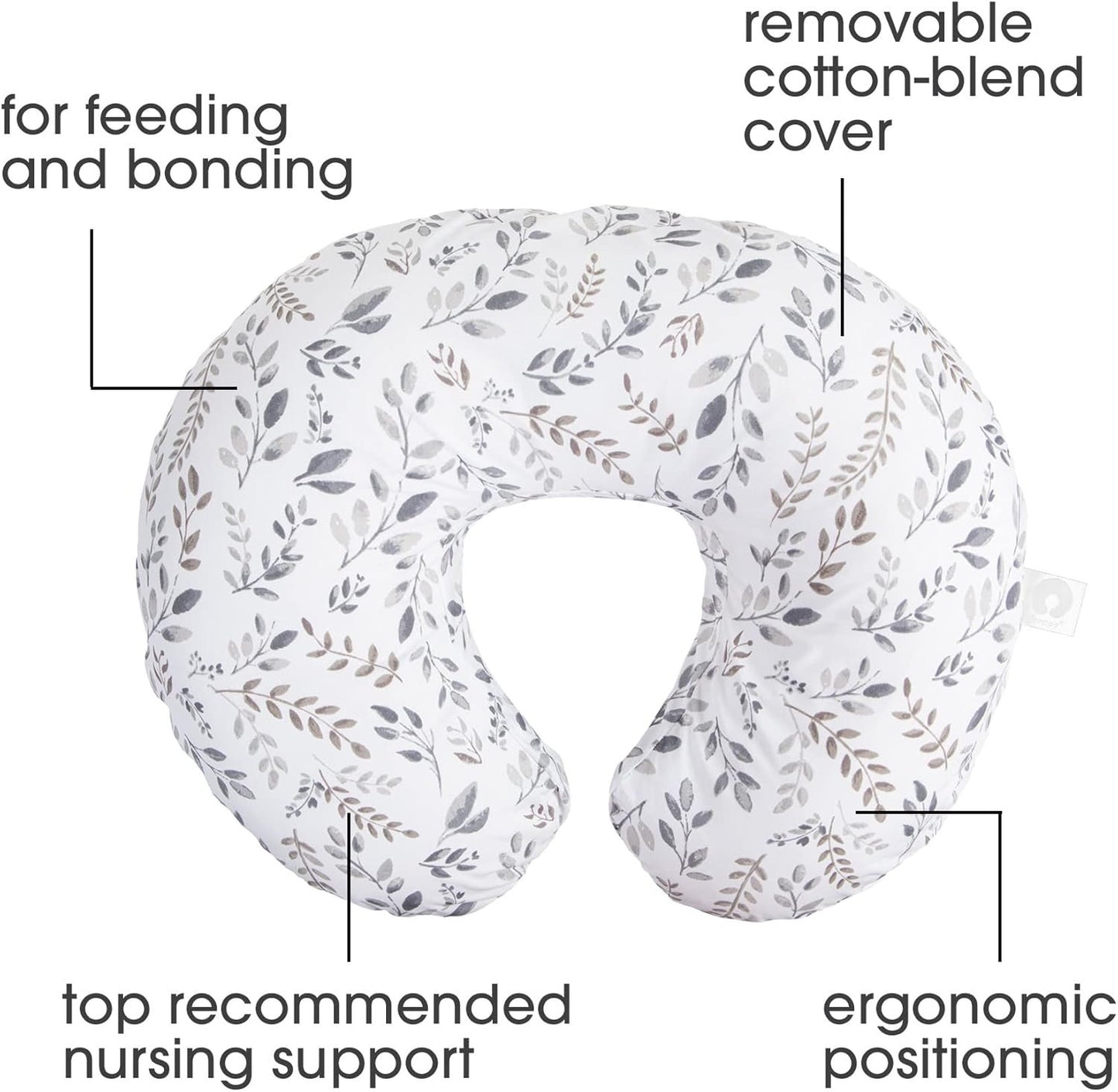 Boppy Nursing Pillow and Positionerâ€”Original | Gray Taupe Watercolor Leaves | Breastfeeding, Bottle Feeding, Baby Support | with Removable Cotton Blend Cover | Awake-Time Support