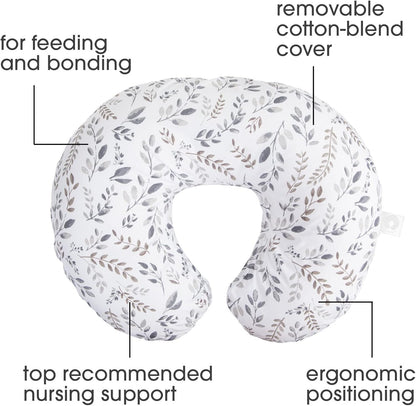 Boppy Nursing Pillow and Positionerâ€”Original | Gray Taupe Watercolor Leaves | Breastfeeding, Bottle Feeding, Baby Support | with Removable Cotton Blend Cover | Awake-Time Support