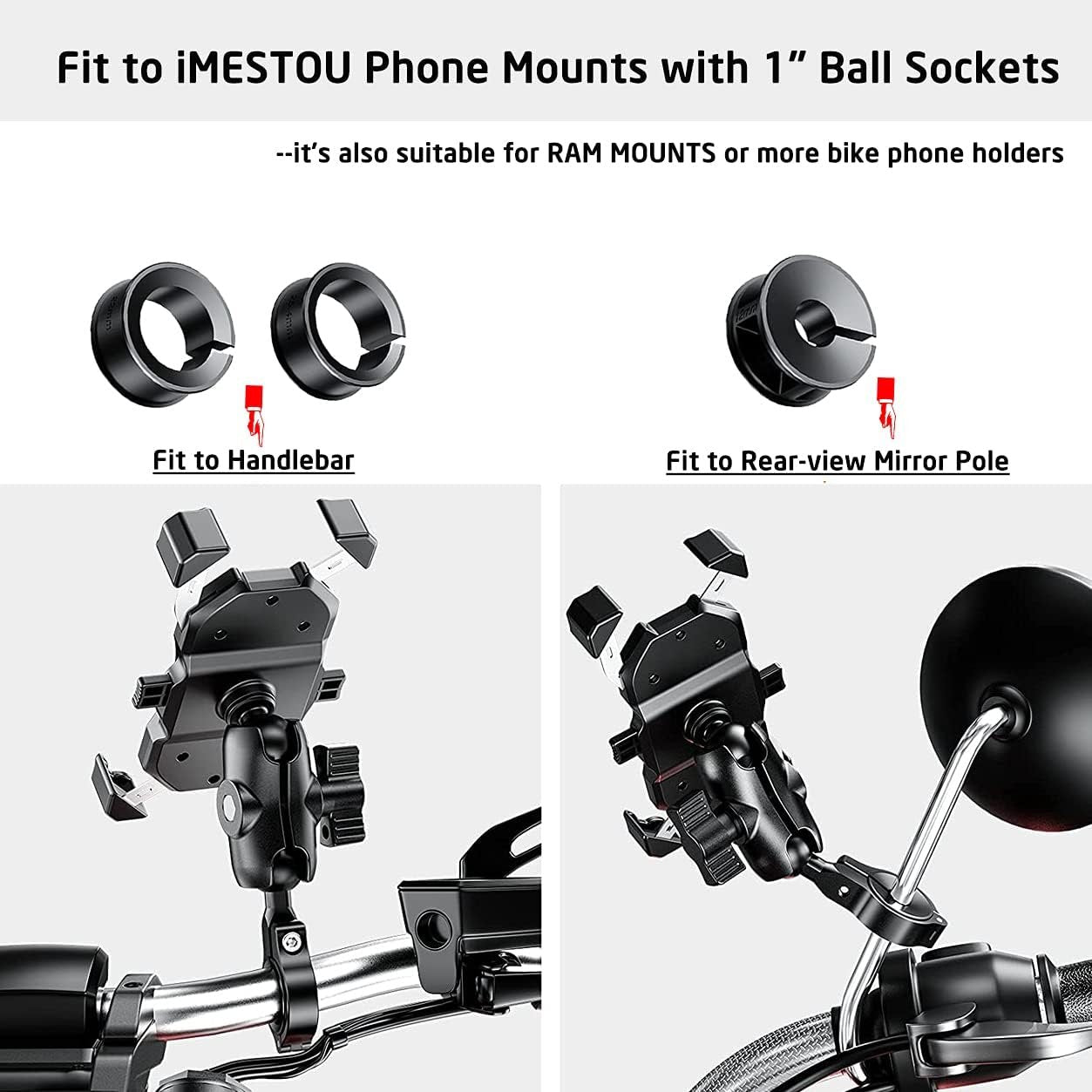 Aluminium 1" Handlebar Ball Adapters Compatible with Ram/iMESTOU Phone Mounts with 1" Ball Sockets
