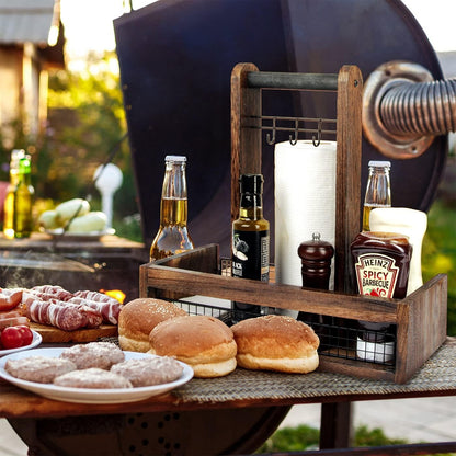 J JACKCUBE DESIGN Rustic Wood Tabletop Organizer for Outdoor Dining, Grill, BBQ Condiment, Spices, Spatula, Tong, Utensil Holder and Paper Towel Serving Caddy - MK718A (Rustic Wood)