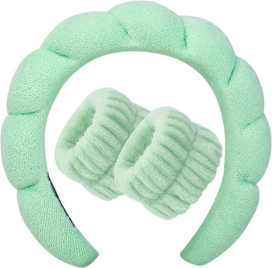 Spa Headband Washing Face Women - Sponge Headbands for Girls Skincare Makeup Removal Bubble Soft Terry Towel Cloth Non Slip Thick Puffy Hair Accessories Wristband Set Mask Skin Treatment (Green)