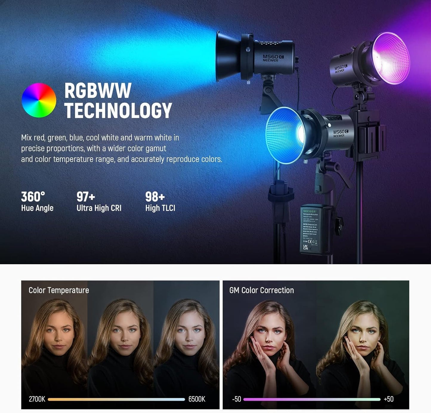 NEEWER MS60C RGBWW LED Video Light with 2.4G/APP Control, 65W Metal Mini RGB COB Continuous Output Lighting Bowens Mount Handheld Spotlight 2700K-6500K,8300lux/1m, CRI 97+/TLCI 98+,17 Effects + RGBCW