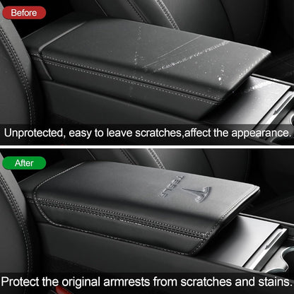 Armrest Box Cover for Tesla Model 3 Highland Model Y 2024-2017, PU Leather Center Console Arm Rest Anti-Scratch Protector Pad, Non-Slip Interior Accessories for Tesla Model 3 2024 (Black #A)