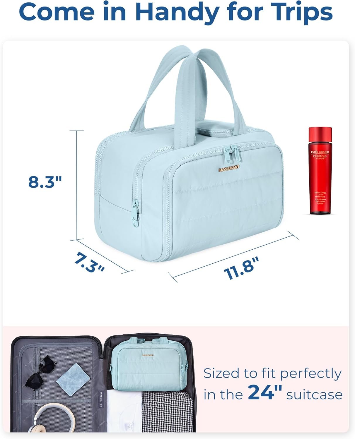 BAGSMART Travel Toiletry Bag, Lightweight Large Wide-Open Travel Bag for Women, Puffy Cosmetic Makeup Bag Organizer with Handle for Accessories,Essentials, Toiletries, Blue
