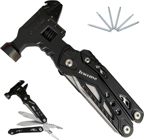 Tosconve Wrench Multitool Hammer, Multi Tool Hammer Pliers Wrench Knife with Screwdriver Wire Cutters Bottle Opener, Multi Purpose Multitool for Outdoor Camping Emergency Survival, Gifts for Men