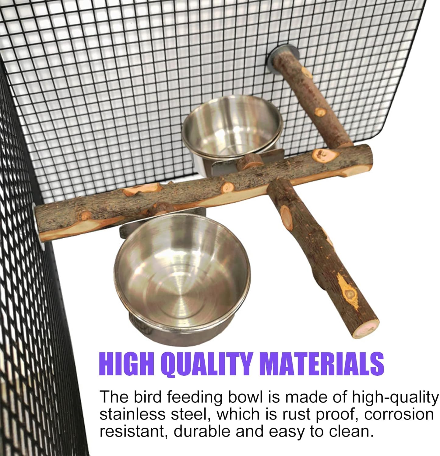 ZUOLUN Bird Feeding Dish Cups, Hanging Stainless Steel Parakeet Feeder, Feeder for Cage & Watering Supplies with Natural Wood Perch Platform Cockatiels Conure Budgies Lovebird Finch, Silver
