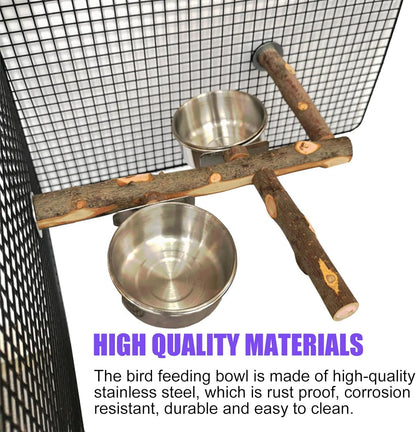 ZUOLUN Bird Feeding Dish Cups, Hanging Stainless Steel Parakeet Feeder, Feeder for Cage & Watering Supplies with Natural Wood Perch Platform Cockatiels Conure Budgies Lovebird Finch, Silver