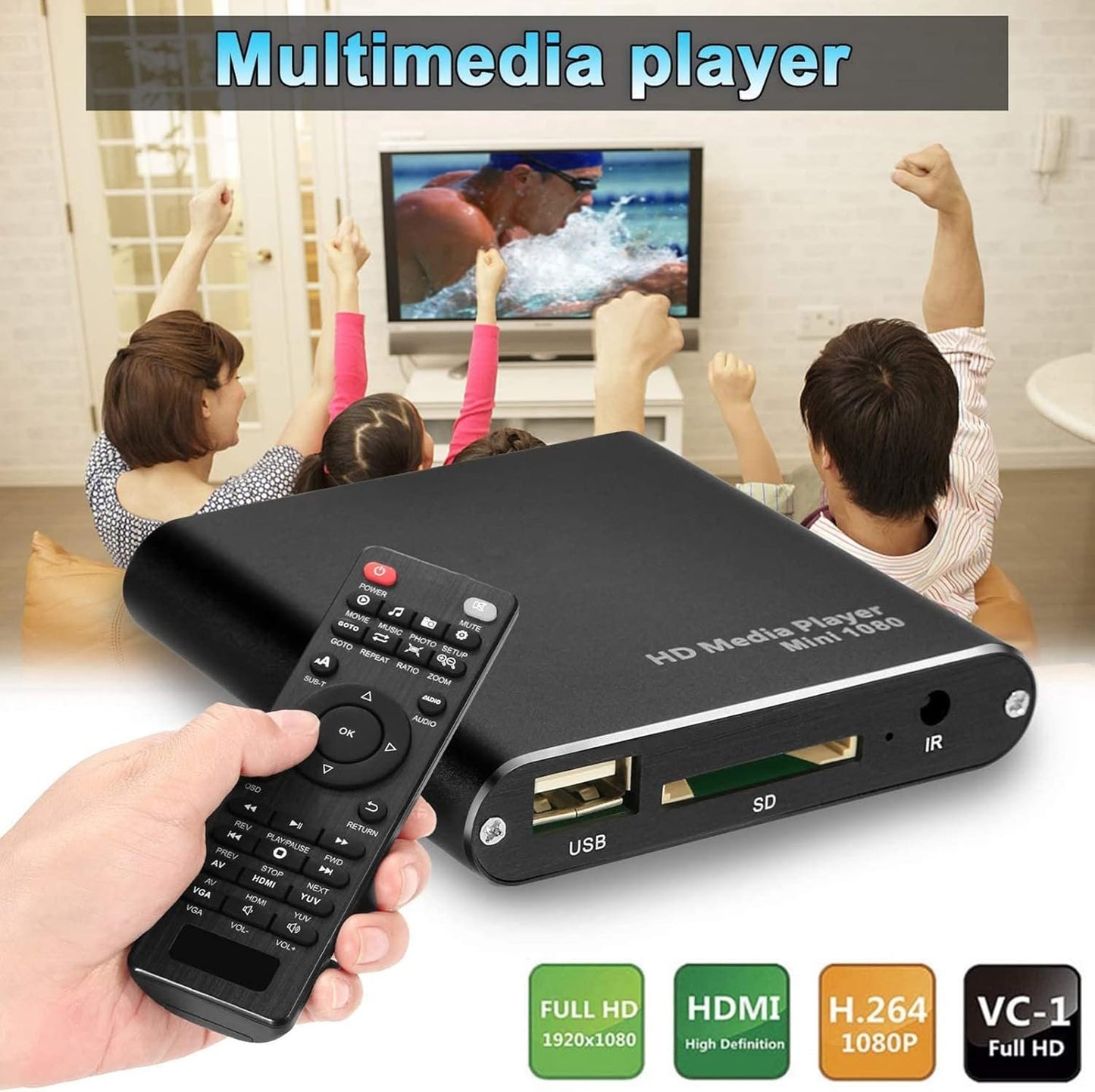 Mini HDMI-Compatible Media Player 1920x1080P Full HD Media USB Digital HDD Player SD/MMC Card with Remote Controller,Blue