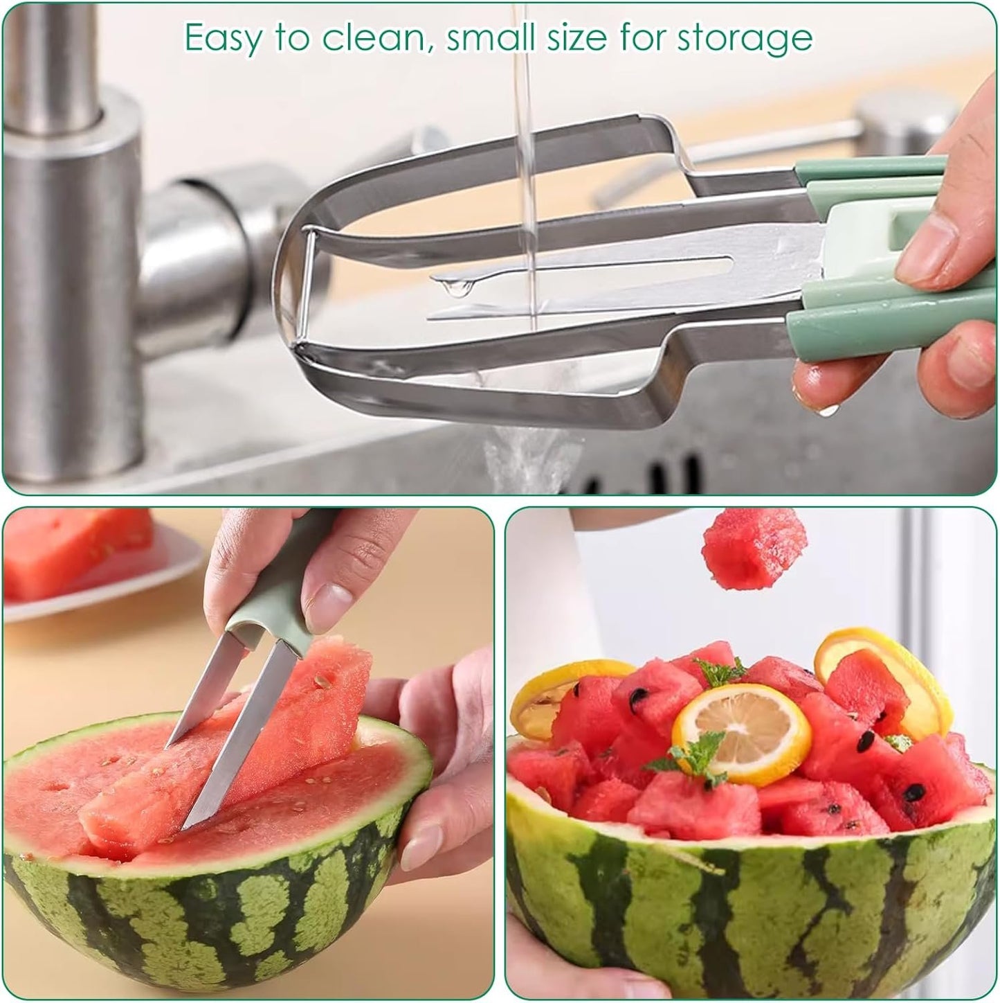 Affettatrice a forchetta per anguria, 3 in 1, in acciaio inox, per utensili da cucina, campeggio, frutta, anguria, ghiaccioli, portabilità, gadget da campeggio