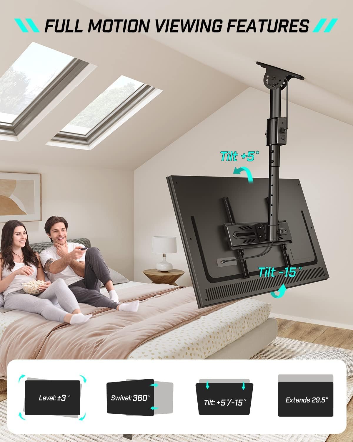Greenstell Ceiling TV Mount with Power Outlet, TV Mount for 26''-65'' TVs, TV Ceiling Mount with 900J Surge Protection, Swivel, Tilt and 6 Height Adjustable, Max VESA 400x400mm, Holds up to 110LBS