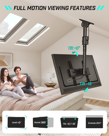 Greenstell Ceiling TV Mount with Power Outlet, TV Mount for 26''-65'' TVs, TV Ceiling Mount with 900J Surge Protection, Swivel, Tilt and 6 Height Adjustable, Max VESA 400x400mm, Holds up to 110LBS