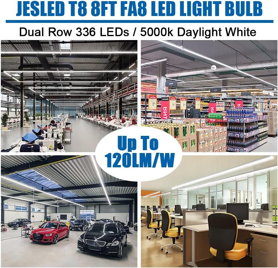 JESLED 8FT LED Bulb 50W, 130W Equivalent 8 Foot Single Pin Fa8 LED Tube Lights, Clear Cover, 5000K Daylight, 6000 Lumens, T8 T10 T12 96'' Fluorescent Light Replacement, Ballast Bypass (12-Pack)