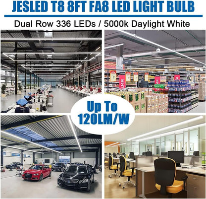 JESLED 8FT LED Bulb 50W, 130W Equivalent 8 Foot Single Pin Fa8 LED Tube Lights, Clear Cover, 5000K Daylight, 6000 Lumens, T8 T10 T12 96'' Fluorescent Light Replacement, Ballast Bypass (12-Pack)
