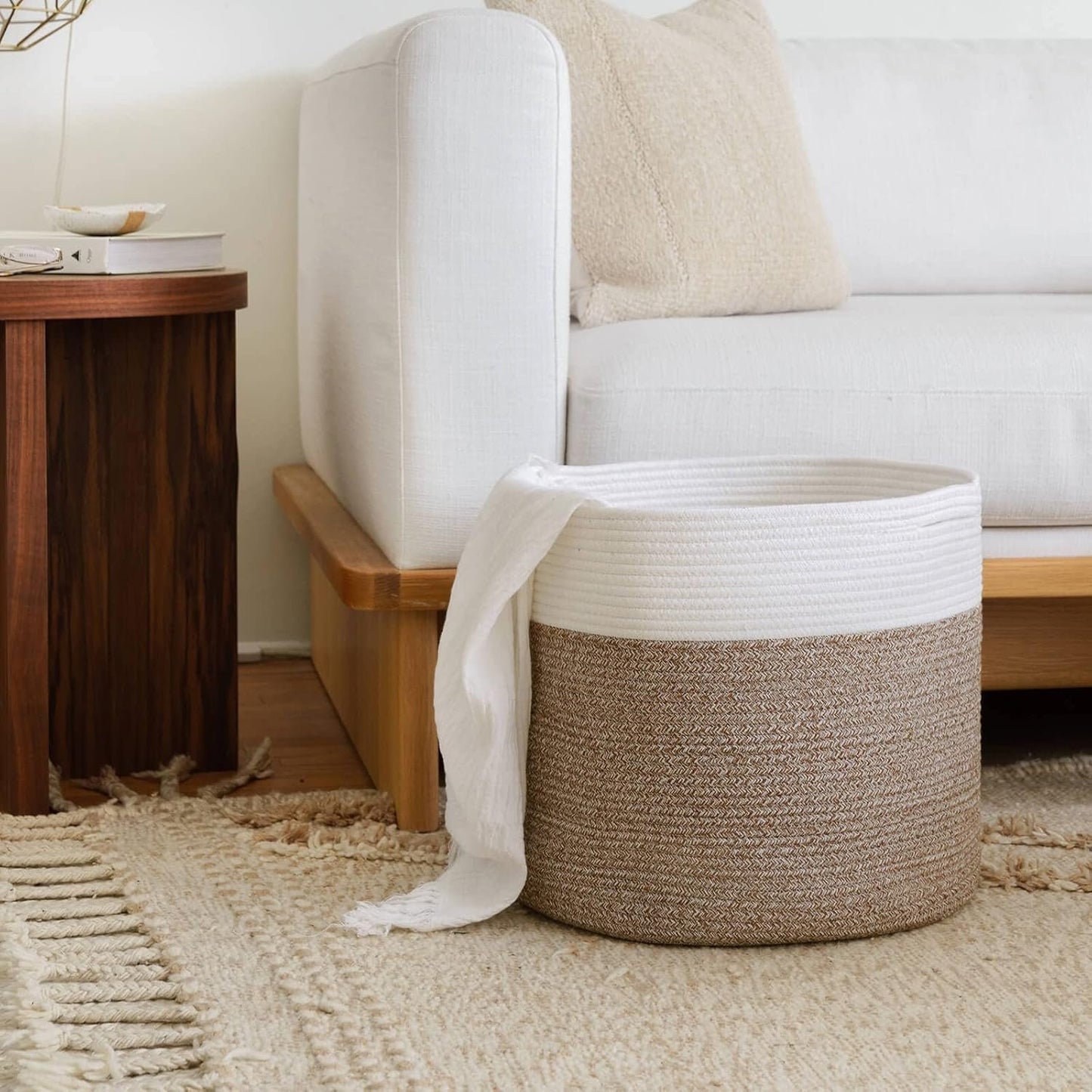 INDRESSME Large Cotton Rope Storage Basket - Woven Blanket Basket in Living Room Pillows Storage Bins with Handles for Toys Plant Basket Home Decor Warm Mix Brown White, 15.8"x15.8"x13.8"