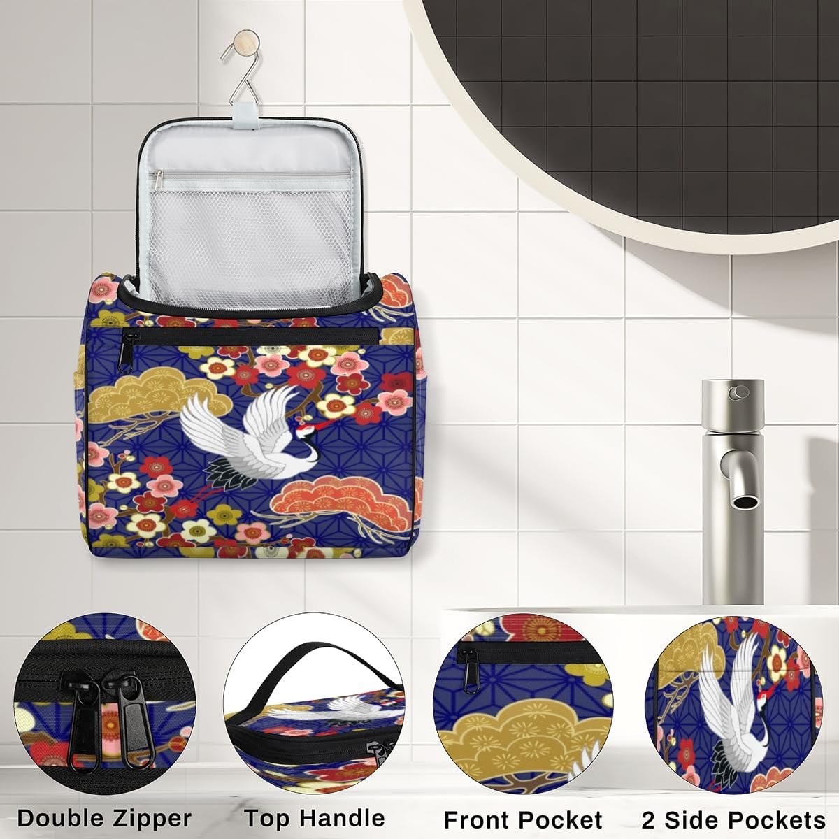 Crane Heron Japanese Pattern Travel Toiletry Bag for Men and Women Large Hanging Toiletry Organizer Waterproof Hygiene Bag with Metal Hook, Crane Heron Japanese Pattern, 10.2 x 6.5 x 9.2 inches