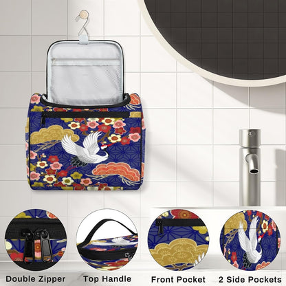 Crane Heron Japanese Pattern Travel Toiletry Bag for Men and Women Large Hanging Toiletry Organizer Waterproof Hygiene Bag with Metal Hook, Crane Heron Japanese Pattern, 10.2 x 6.5 x 9.2 inches