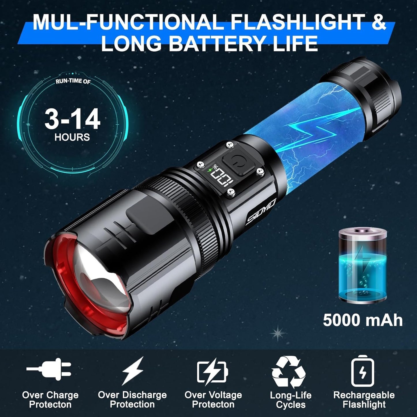 Siuyiu Flashlights High Lumens, 3000 Lumens Rechargeable Flashlight with Digital Power Display, Tactical Flashlight with Zoomable, 4 Modes for Camping, Emergencies and Outdoor