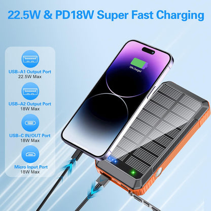 Solar Power Bank 33800mAh Built in 4 Cables, 22.5W USB C Fast Charging Portable Phone Charger, 6 Outputs & 4 Inputs with LED Camping Lights Battery Pack for Outdoor iPhone Samsung Tablet (Orange)
