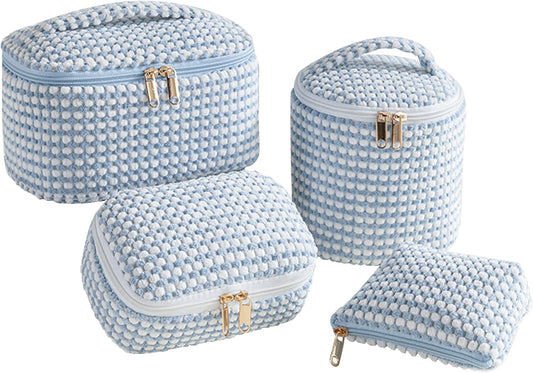 Large Makeup Bag Set, Cute Cosmetic Bag Make up Organizer Case for Women Girls,Wide-Open Pouch Makeup Cosmetic Travel Bag with Handle for Women Purse for Toiletries Accessories Brushes (4 PCS-Blue)
