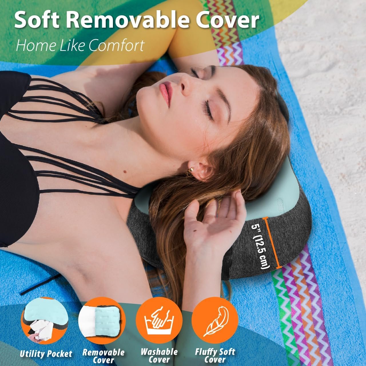 TREKOLOGY Inflatable Beach Pillow with Removable Washable Cover, Sand Bag Anchor & Adjustable Strap â€“ Lightweight, Compact Travel Pillow for Beach, Pool, Hiking, and Outdoor Adventures