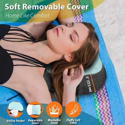 TREKOLOGY Inflatable Beach Pillow with Removable Washable Cover, Sand Bag Anchor & Adjustable Strap â€“ Lightweight, Compact Travel Pillow for Beach, Pool, Hiking, and Outdoor Adventures