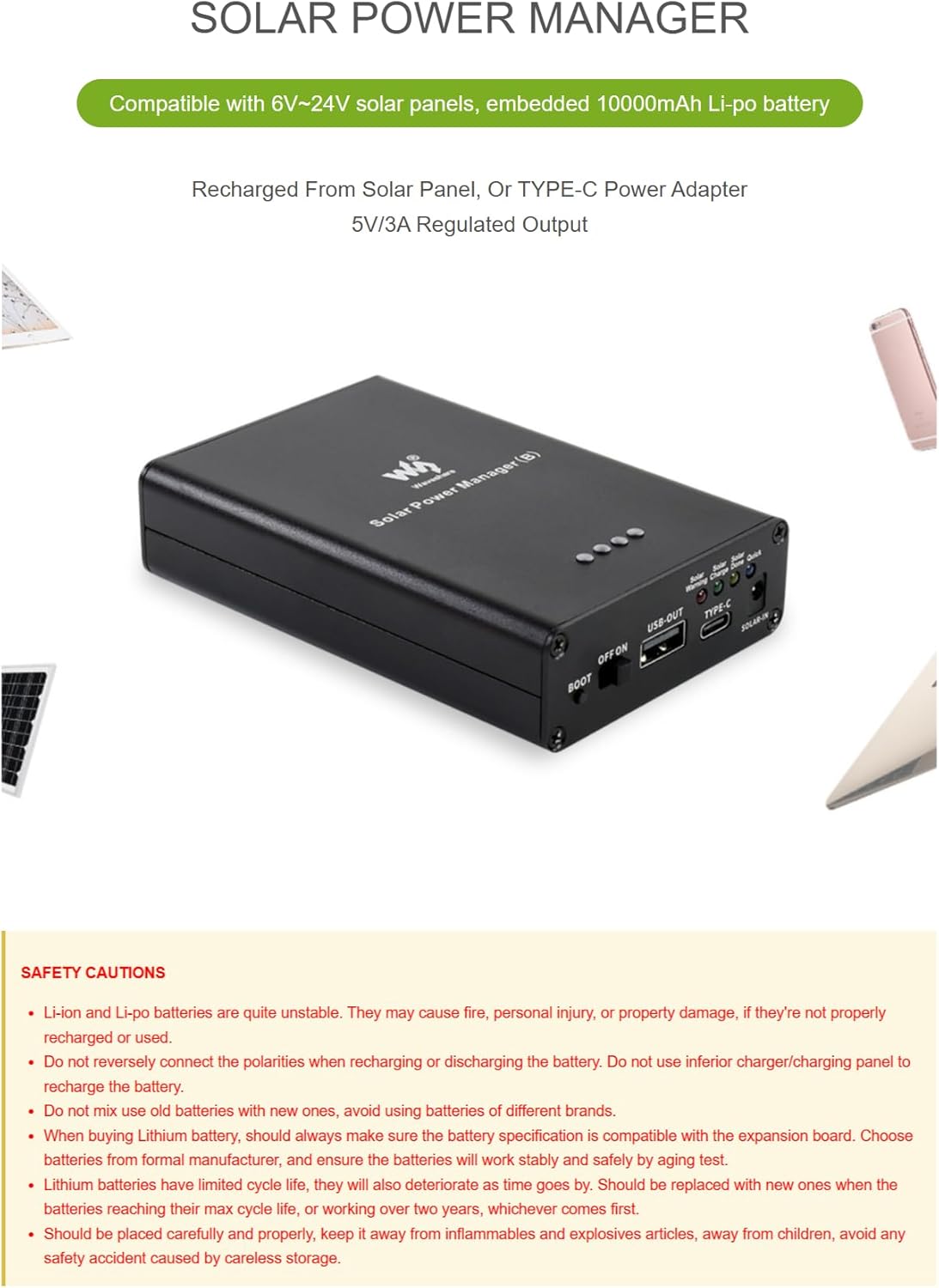 TUOPUONE Solar Power Manager (B) Supports 6V-24V Solar Panels Embedded 10000mAh Li-Po Battery Multi Protection Circuits