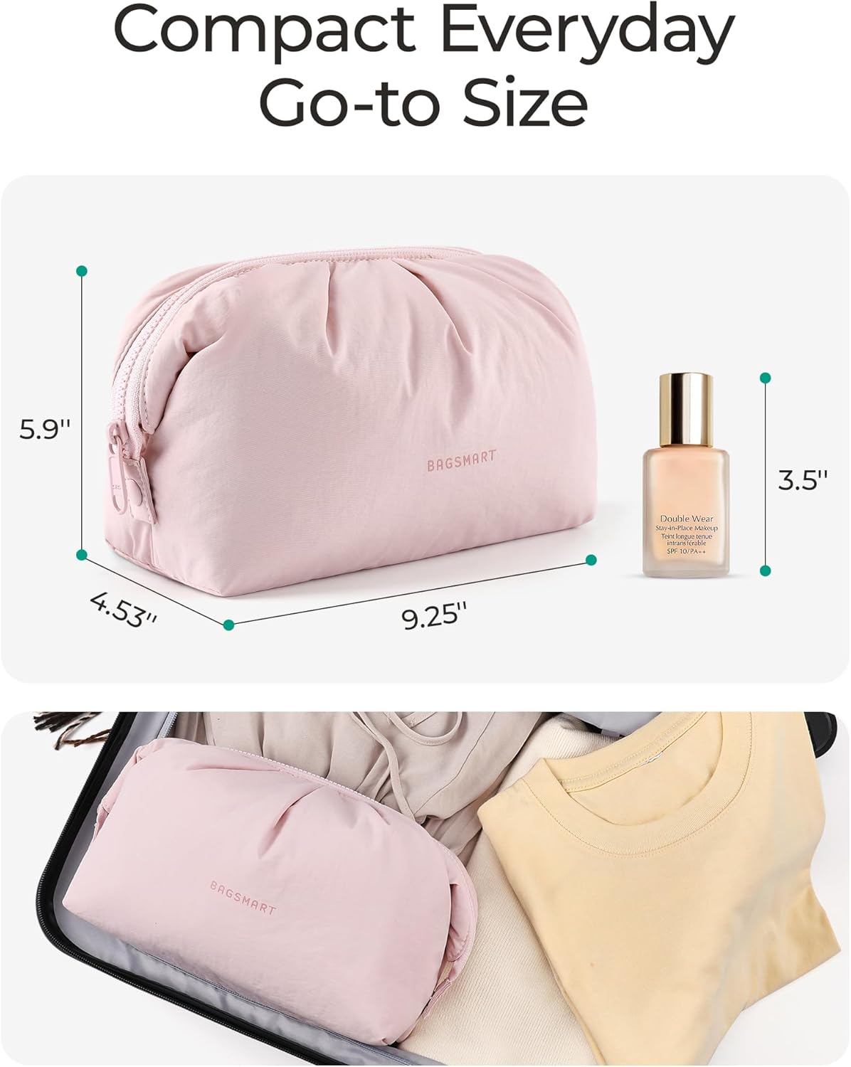 BAGSMART Makeup Bag Travel Makeup Bag, Cute Make Up Bag, Large Capacity Cosmetic Bags for Women, Wide-open Makeup Pouch Travel Essentials Toiletries Accessories Brushes (beige)