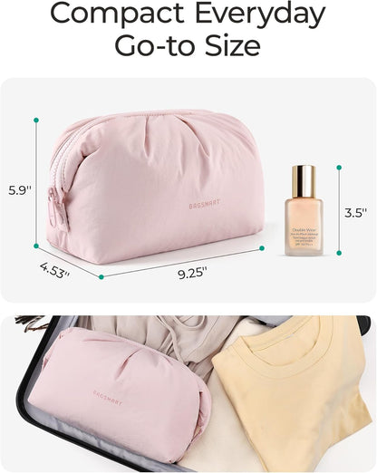 BAGSMART Makeup Bag Travel Makeup Bag, Cute Make Up Bag, Large Capacity Cosmetic Bags for Women, Wide-open Makeup Pouch Travel Essentials Toiletries Accessories Brushes (beige)