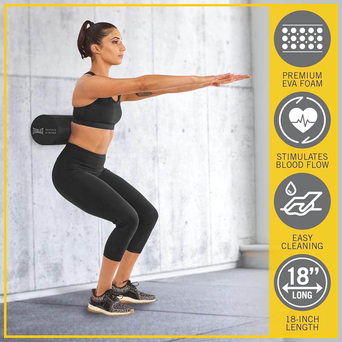 Everlast FIT 18-Inch Premium EVA Foam Roller - Enhance Posture & Relieve Muscle Tension, Ultimate Home Gym Accessory for Neck & Leg Massage, Pilates, Yoga, & Relaxation, Warm-Up & Recovery Tool