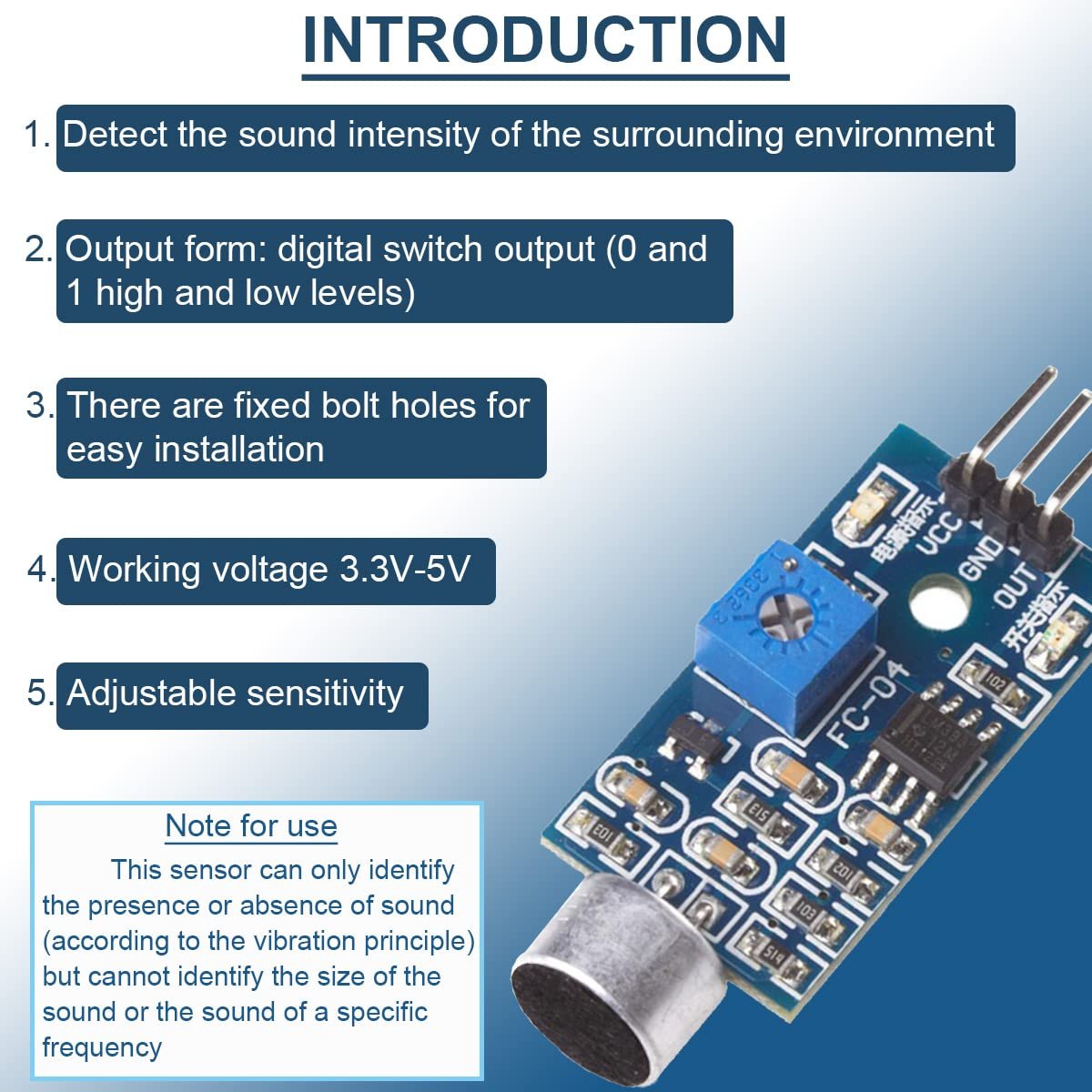 DAOKAI 5PCS Microphone Sensor Module High Sensitivity Sound Detection Sound Sensor Control Switch Module(Blue) 3.3-5V for Arduino with Dupont Cable