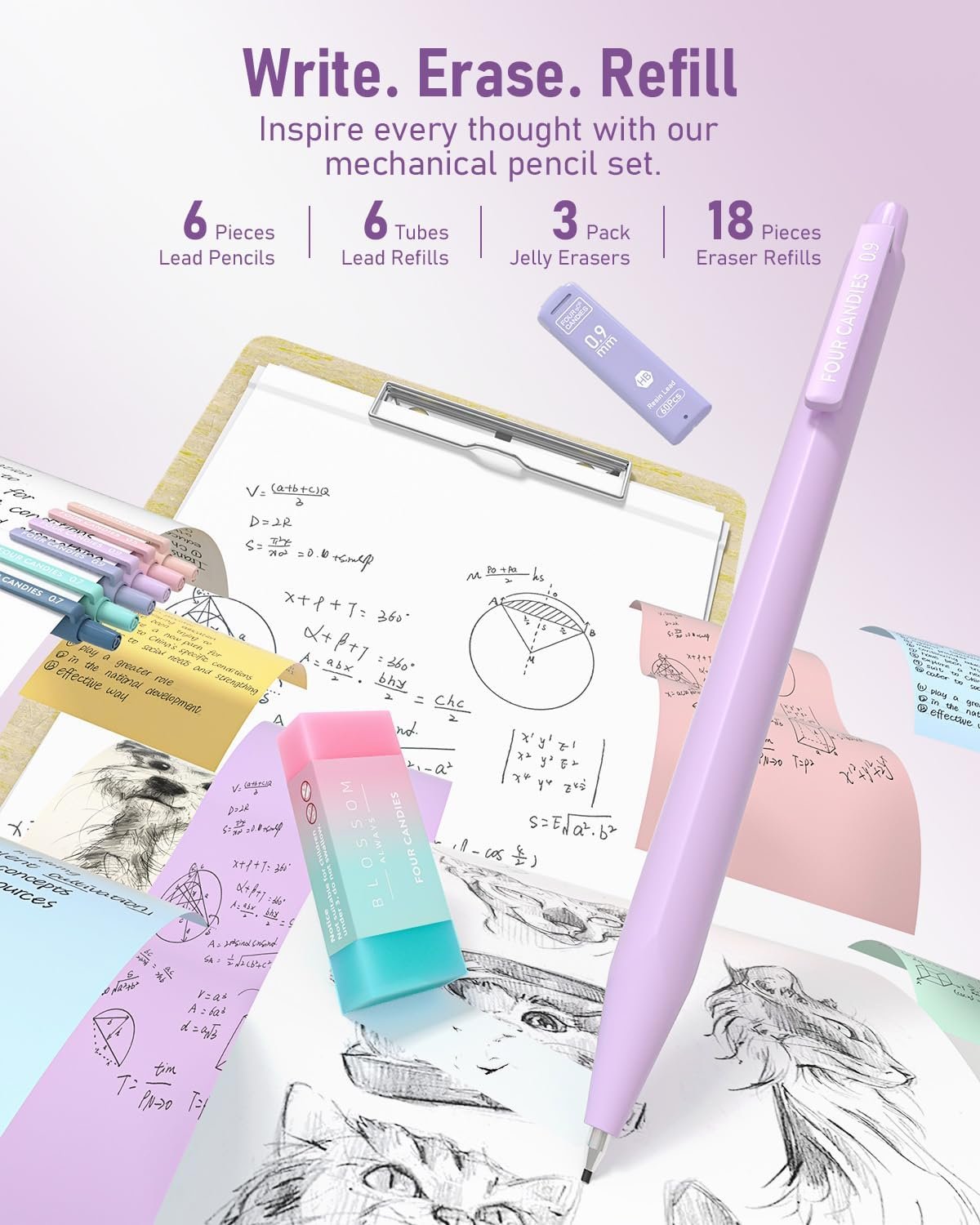 Four Candies 39 PCS Aesthetic School Supplies with Cute Pen Case, 12 Pastel Highlighters, 5 Black Ink Gel Pens, 6 Mechanical Pencils Set 0.5 & 0.7mm for Students Stationary College Essentials (Purple)