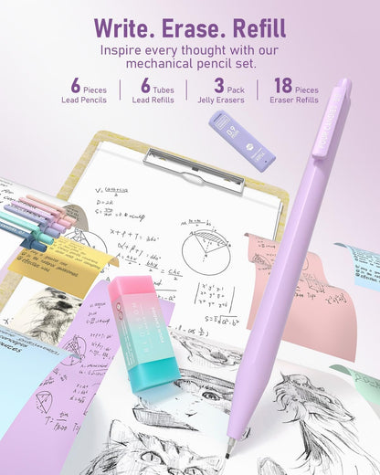 Four Candies 39 PCS Aesthetic School Supplies with Cute Pen Case, 12 Pastel Highlighters, 5 Black Ink Gel Pens, 6 Mechanical Pencils Set 0.5 & 0.7mm for Students Stationary College Essentials (Purple)