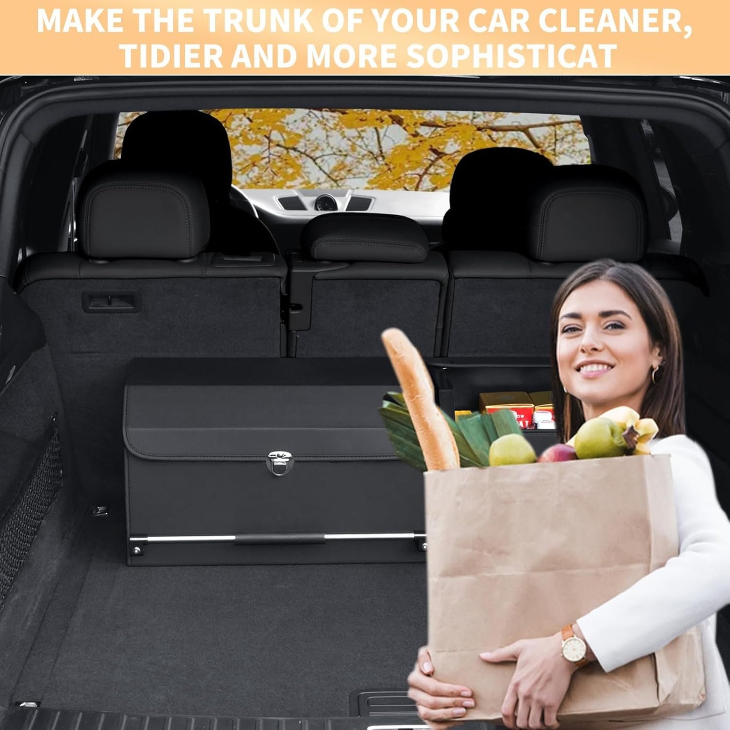 XCF Car Trunk Organizer, Leather Trunk Organizer for SUV with Lid and Sturdy Handle Collapsible Adjustable Storage (Black, 33 x 11.4 x 12.2in)