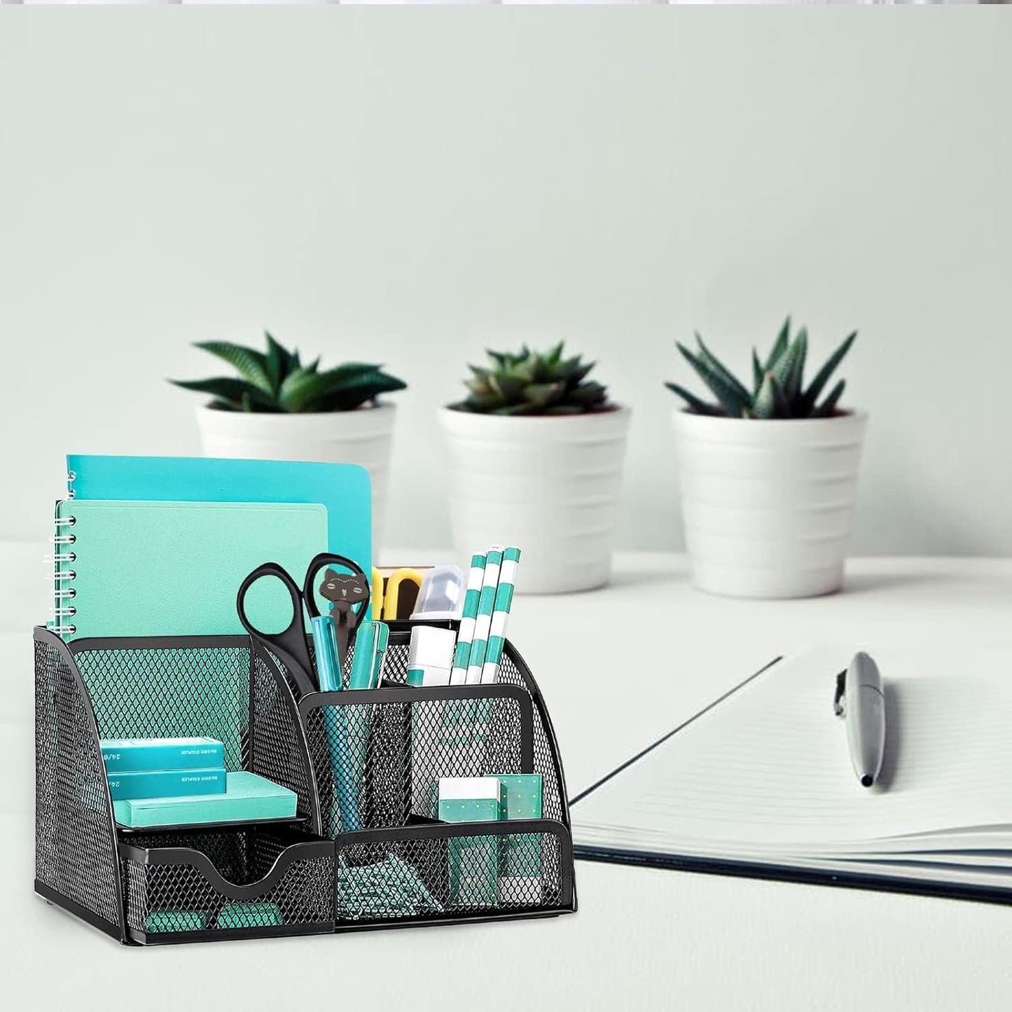 OKPOW Mesh Desk Organiser,Multi-Use Desk Tidy & Pen Holder with 6 storage and 1 Slide Drawer,Stationary Organiser for School,Home,Office desktop supplies (Black)