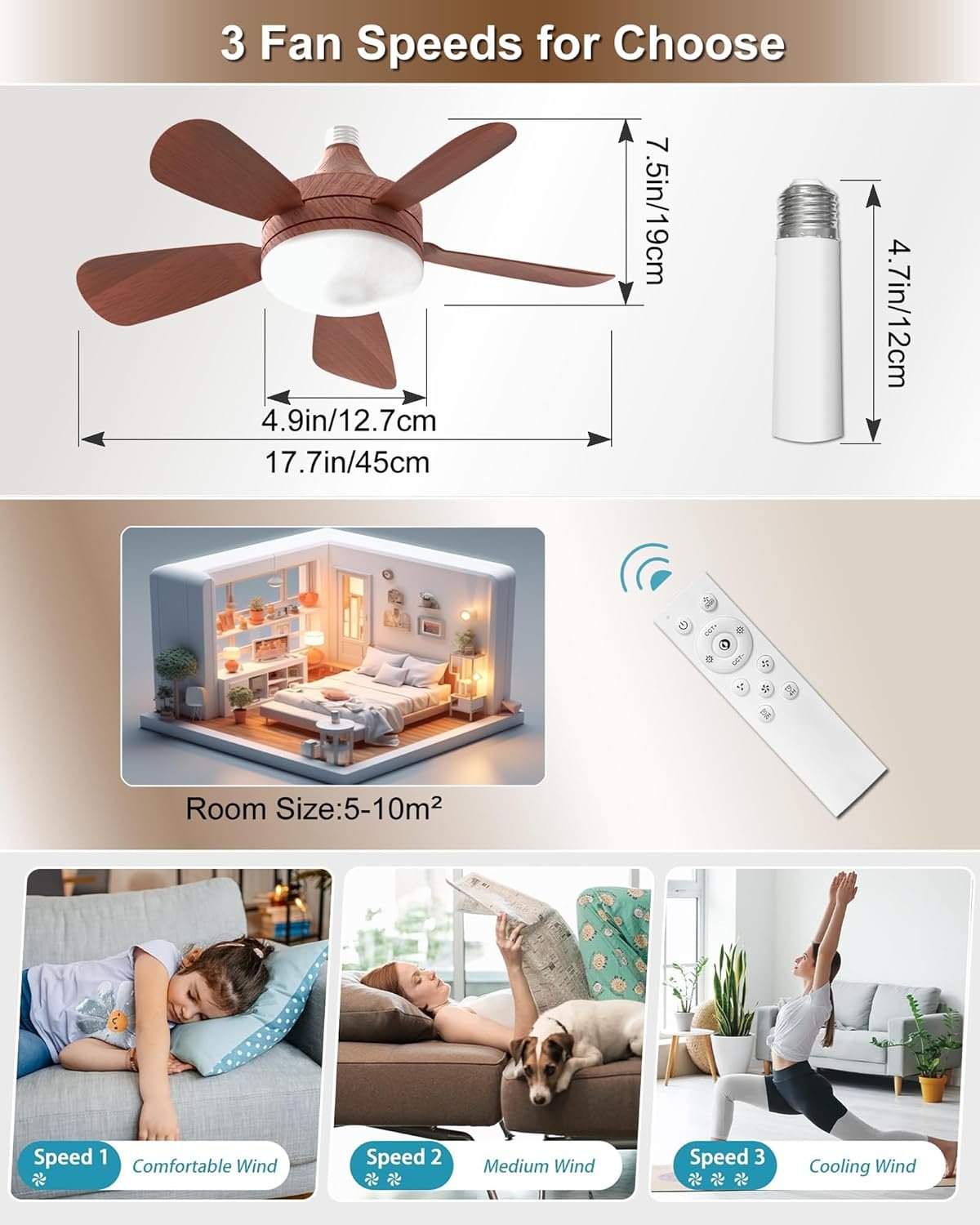 Ceiling Fans with Lights and Remote, Socket Fan Light with Remote, 2000 LM Dimmable Quiet LED Ceiling Fan, 3 Wind Speeds, for Bedroom Dining Room Closets Garages - Small Ceiling Fan (Woodgrain)