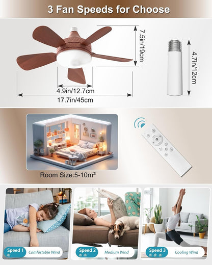 Ceiling Fans with Lights and Remote, Socket Fan Light with Remote, 2000 LM Dimmable Quiet LED Ceiling Fan, 3 Wind Speeds, for Bedroom Dining Room Closets Garages - Small Ceiling Fan (Woodgrain)